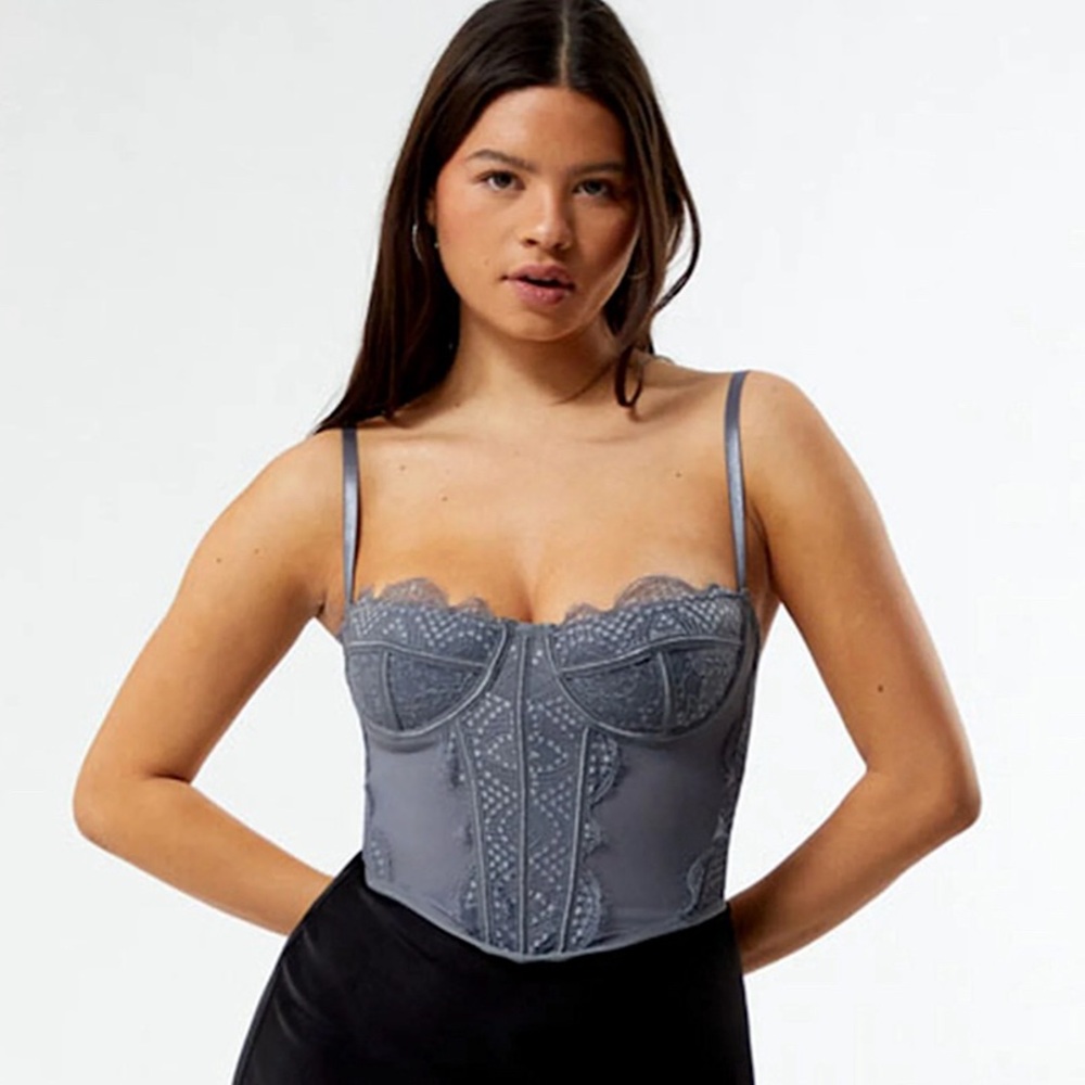 NWT LA Hearts Gray Lace Trim Mesh Corset Top